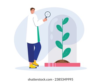 A young professor wearing a coat looking at the results of his experiment on a giant glass-covered plant, Environmental ecology. Design character. Vector flat illustration