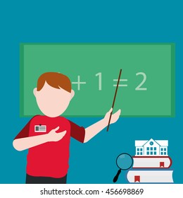 young professor without teaching face to add on green board