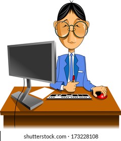 young programmer in the blue jacket in the workplace 