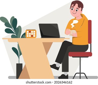 Young programmer, businessman, freelance, working at desk with laptop.