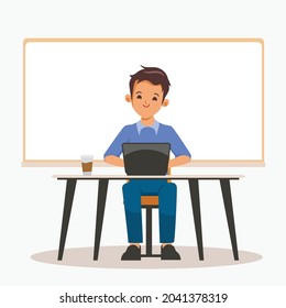 Young programmer, businessman, freelance, working at desk with laptop.