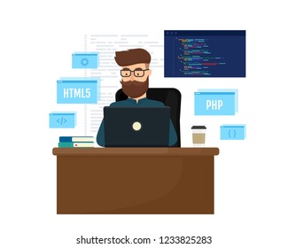 Young programmer coding a new project using laptop. Programming and Engineering concept. Vector illustration isolated on white background.