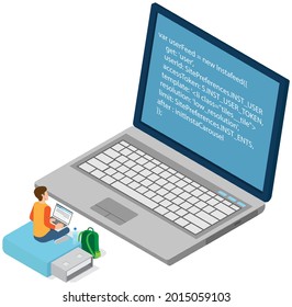 Young programmer coding new project standing on big laptop with command line. Man looking at laptop screen with program code. Programming or coding concept. Characters work with program code