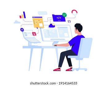 Young programmer concentrated at working project. Developing programming and coding technologies. Screen with codes, developer at work with task. Geek coding software with laptop and pc. Isolated.