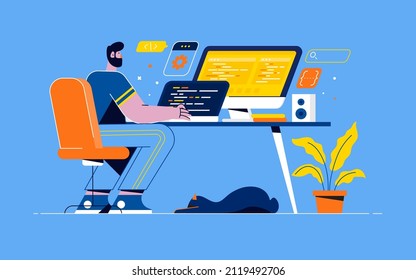 Programador joven concentrado en el proyecto de trabajo. Desarrollo de tecnologías de programación y codificación. Pantalla con códigos, desarrollador en trabajo con tarea. Software de codificación geek con laptop y pc. Vector