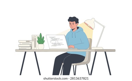 Young programmer focused on writing code on his laptop at a minimalist home office desk under a bright lamp.