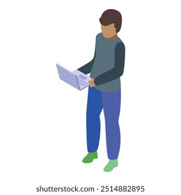 Young programmer is holding a laptop while coding a new project, standing up