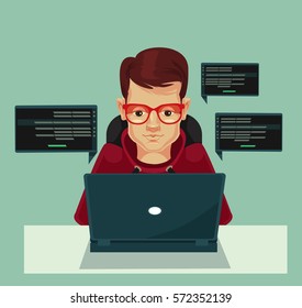 Young programmer man character coding. Vector flat cartoon illustration