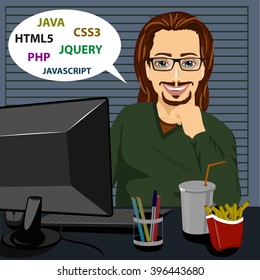 young programmer man working with computer creating website in dark room