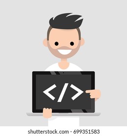 Young programmer pointing on the closing bracket tag on a laptop screen / flat editable vector illustration, clip art