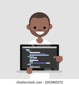 Young programmer pointing on the laptop screen. Programming code. Technology / flat editable vector illustration, clip art