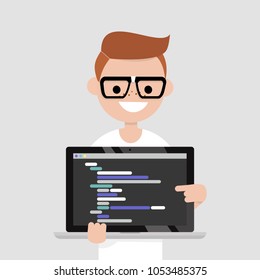 Young programmer pointing on the laptop screen. Programming code. Technology / flat editable vector illustration, clip art