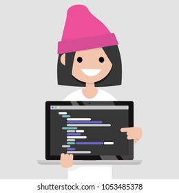 Young programmer pointing on the laptop screen. Programming code. Technology / flat editable vector illustration, clip art