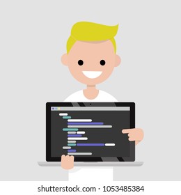 Young programmer pointing on the laptop screen. Programming code. Technology / flat editable vector illustration, clip art