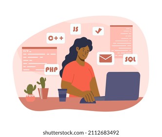 Young programmer at work. Freelancer at home, comfortable workplace. Modern technologies and remote employee. Specialist writes code, develops app or website. Cartoon flat vector illustration