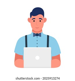 Young programmer at work, web development concept. Freelancer is programming code. Use for web, infographics. Vector illustration.