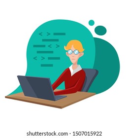 The young programmer is working on a laptop. Coding, creation of new websites, software or applications. Web development business concept. Flat vector illustration.