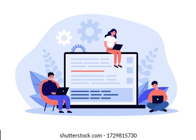 Young programmers coding new script flat vector illustration. Cartoon software developers smiling, sitting on big laptop and using programming skills. Computer engineering and technology concept