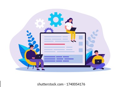 Young programmers coding new script flat vector illustration. Cartoon software developers smiling, sitting on big laptop and using programming skills. Computer engineering and technology concept