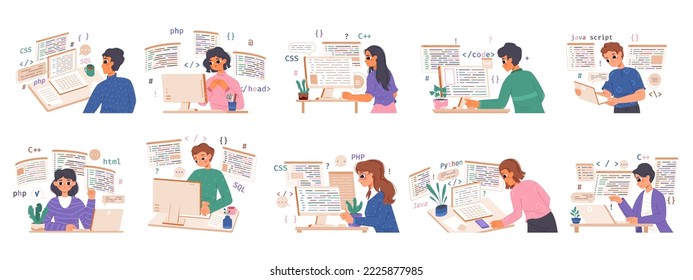 Young programmers study and work. Happy woman programmer, professional computer coding geek. Software developer, snugly vector female character working with data