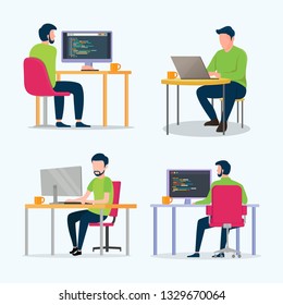 Young programmers team code the web site from the command line flat vector illustration