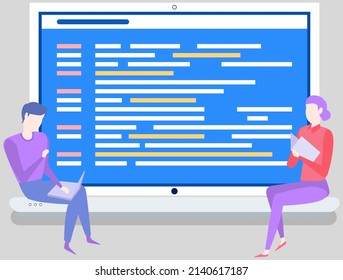 Young programmers working on computer with code on screen. Students programming, coding. People work with computer, freelancer writing program. Working with technology, code creation concept