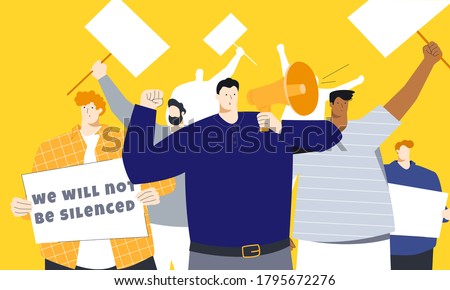 Young protesters with banners and megaphone taking part in the demonstration against the rules and values imposed on their nation or social group. Political meetings, riots and demonstrations