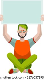 Young protesting man sitting legs crossed and holding a blank poster over his head. Isolated on white background