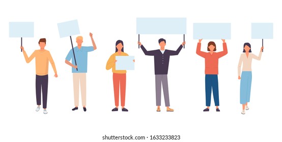 Young protesting people holding banners and placards. Male and female activists. Flat cartoon vector illustration