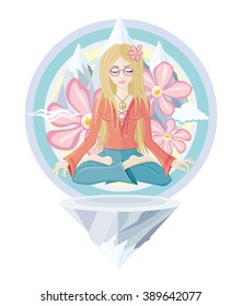 Young psytrance hippie girl meditating in lotus position. Vector Illustration.