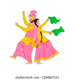 Young Punjabi Couple Doing Bhangra Dance On White Background.