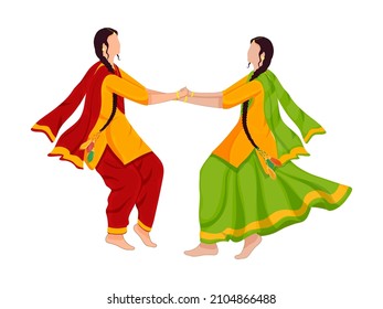 Young Punjabi Girls Doing Giddha Dance On White Background.