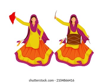 Young Punjabi Women Doing Bhangra Dance With Dhol (Drum) On White Background.