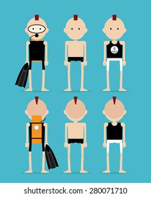 Young punk man in three different styles for the summer vacation on the beach viewed from the front and back.