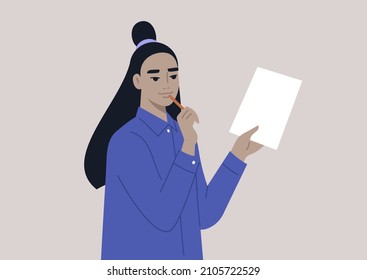 A young puzzled female Asian character coming up with a decision