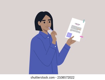 A young puzzled female character biting a pen and editing a text