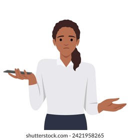 Joven desconcertada que hace gestos no sabe ni tiene el teléfono inteligente en la mano. Vaya, pregunta, duda, no lo sé. La emoción humana y el concepto de lenguaje corporal. Ilustración vectorial plana aislada