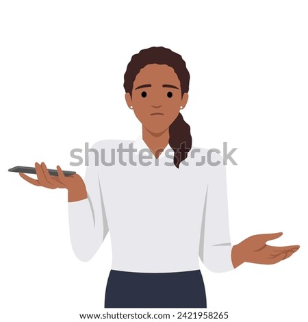 Young puzzled woman gesturing do not know and holding smart phone in hand. Oops, question, doubt, i don't know. Human emotion and body language concept. Flat vector illustration isolated