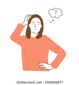 Young puzzled woman scratches her head. Flat vector illustration. Isolated design on a white background.