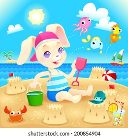 Young rabbit makes castles on the beach. Funny cartoon and vector illustration, you can play Find The Difference between other similar images on my portfolio.