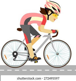 Young racing bicyclist girl with bike isolated on white background in flat style