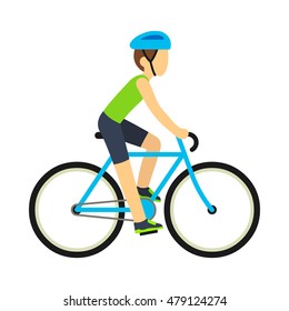 Young racing bicyclist man with bike isolated on white background in flat style