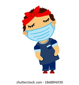 Young rapper man in a medical, mask, red bandana, closed eyes in a dark blue t-short with stripes, jeans and shoes