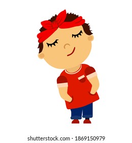 Young rapper man in a red bandana, closed eyes in a red jacket with stripes, jeans and black shoes