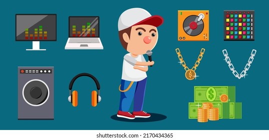 Young rapper singer with mic in hand singing popular song on stage on blue background. Hip hop artist performing live with music equipment. 