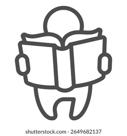 Young reader child line icon, book festival concept. Vector graphics. Book in baby kid hands, reading sign on white background, outline style icon for mobile or web design