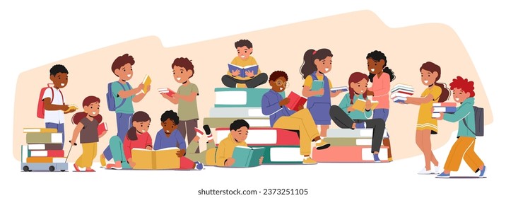 Young Readers Book Swap. Kids Characters Sharing Stories, Fostering A Love For Reading, And Building Friendships Through The Joy Of Exchanging Books. Cartoon People Vector Illustration