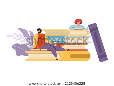 Young readers dressed in bright apparel sitting on stack of giant books or standing beside it and reading.