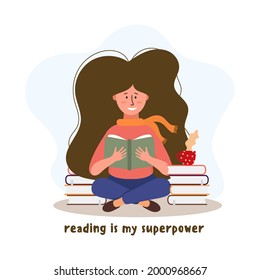 Young reading woman character with books and cup of coffee.Education illustration