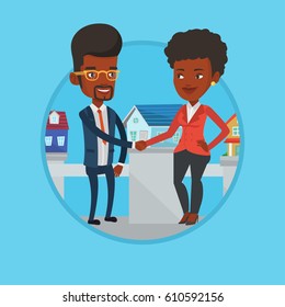 Young realtor shaking hand to customer after real estate deal in office. Conclusion of real estate deal between realtor and buyer. Vector flat design illustration in the circle isolated on background.